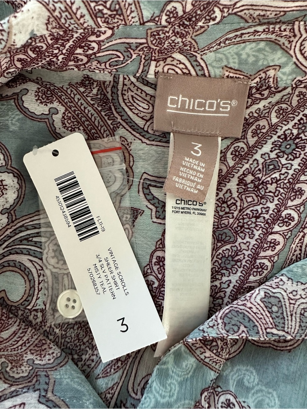 Chico’s Size 3 Vintage Scrolls Paisley Sheer Button Front Blouse NWT SZ XL 16 - Picture 5 of 7